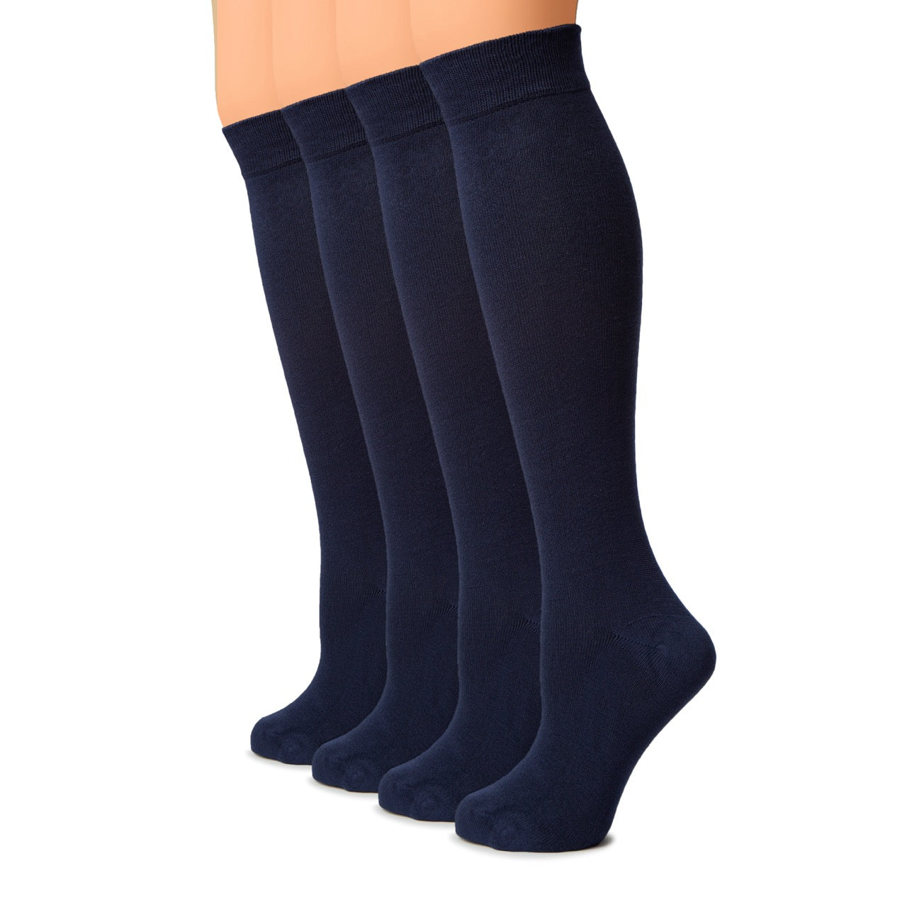 Three pairs of navy blue knee-high socks on a white background
