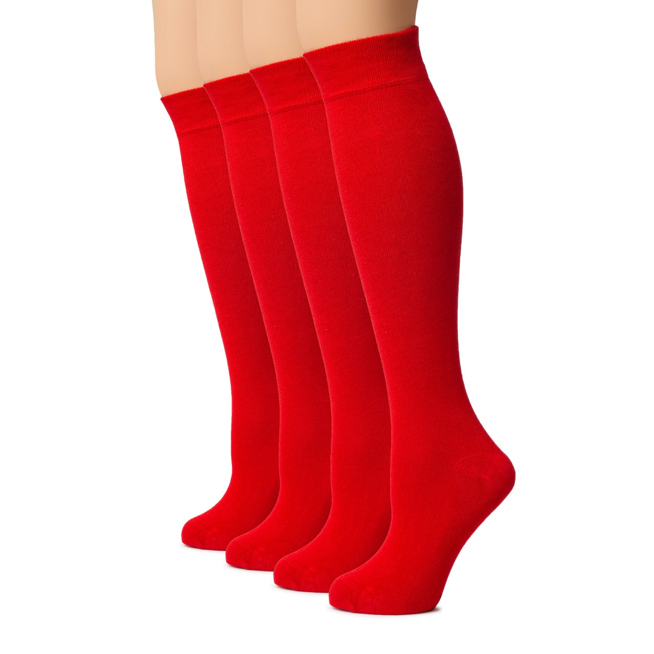 Three pairs of red knee-high socks on a white background