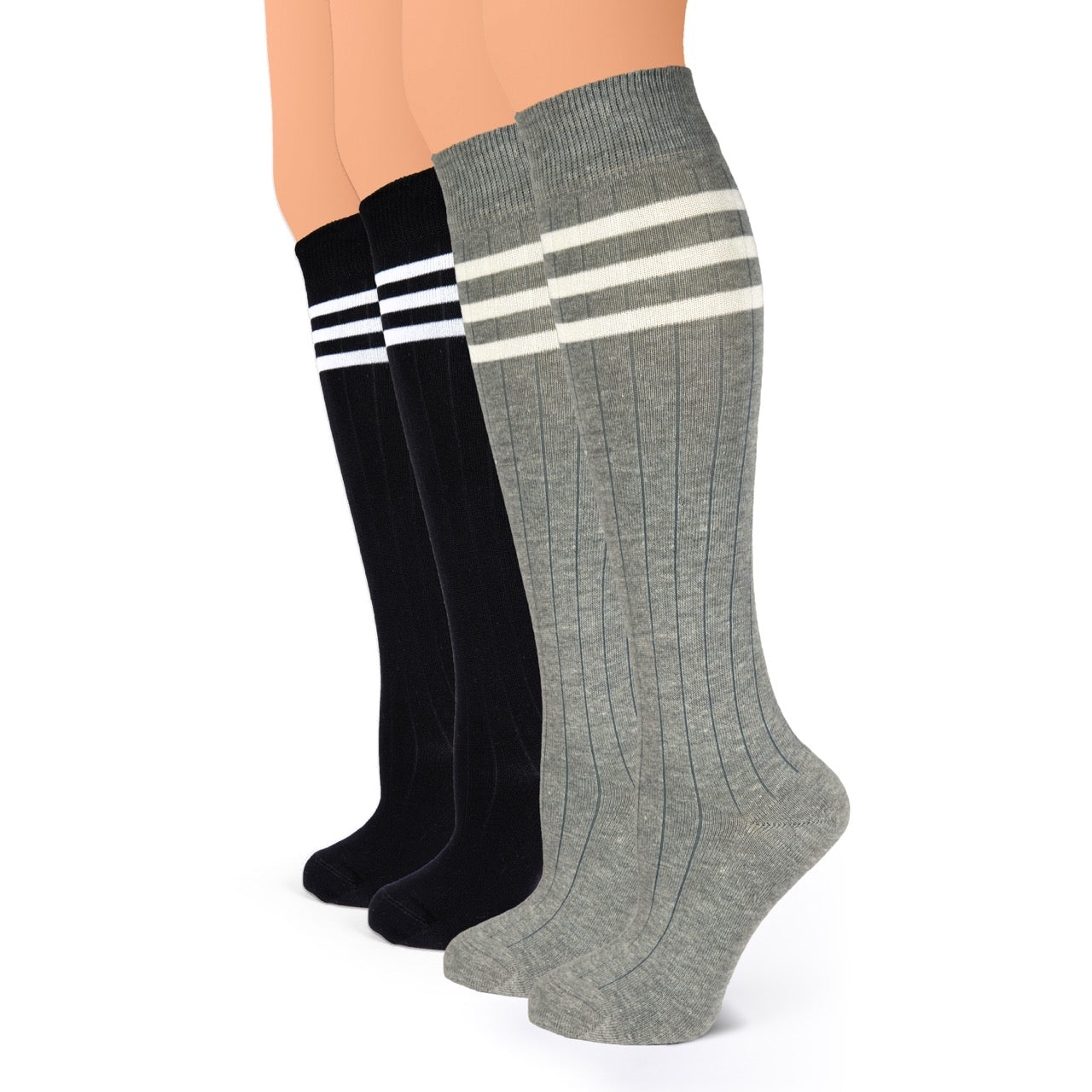 Two pairs of knee-high socks, one black and one gray, with white stripes on a white background.