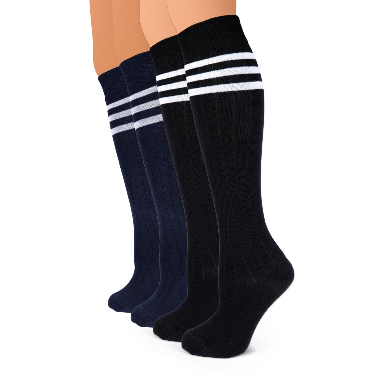 Three pairs of knee-high socks with white stripes on a white background