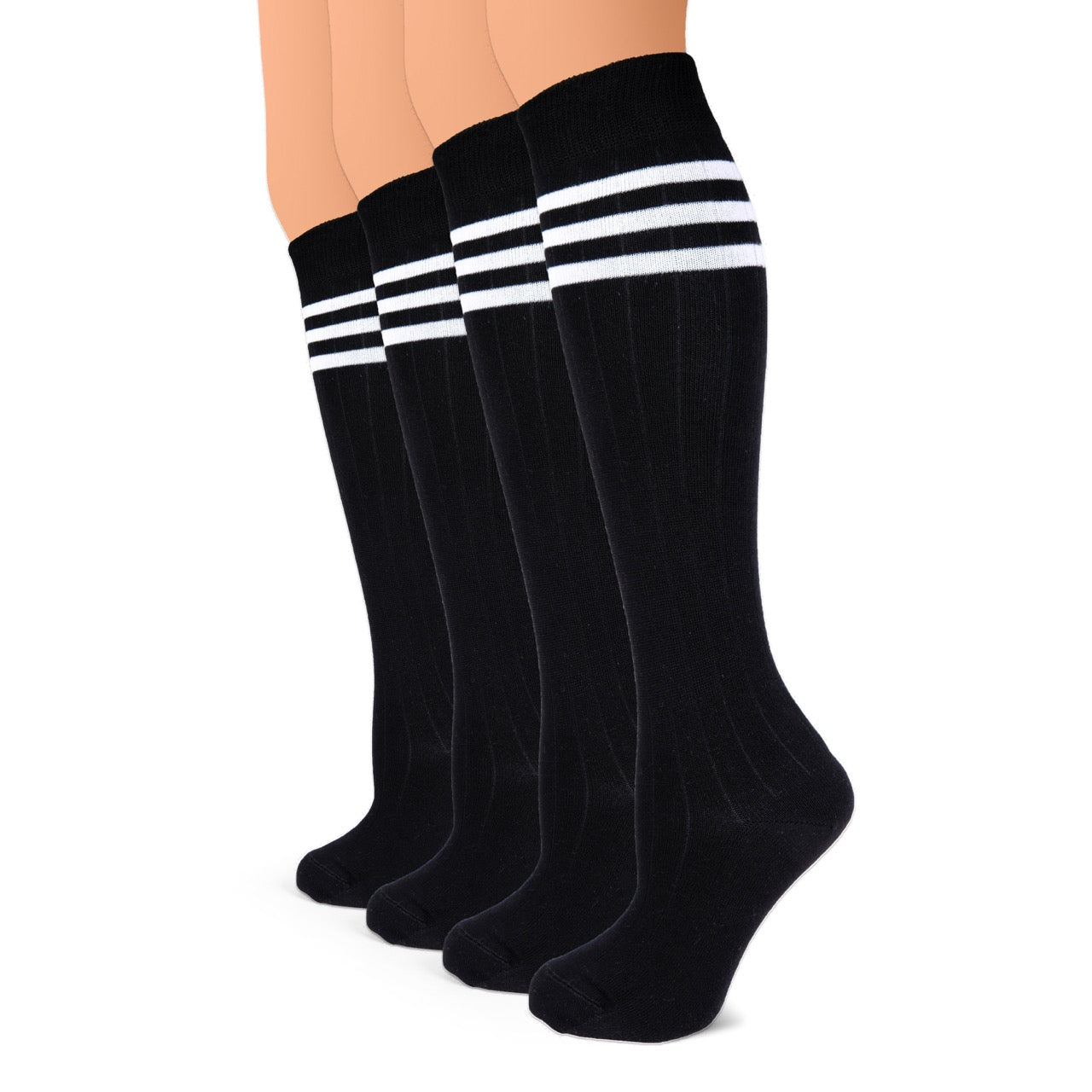 Black knee-high socks with white stripes on a white background