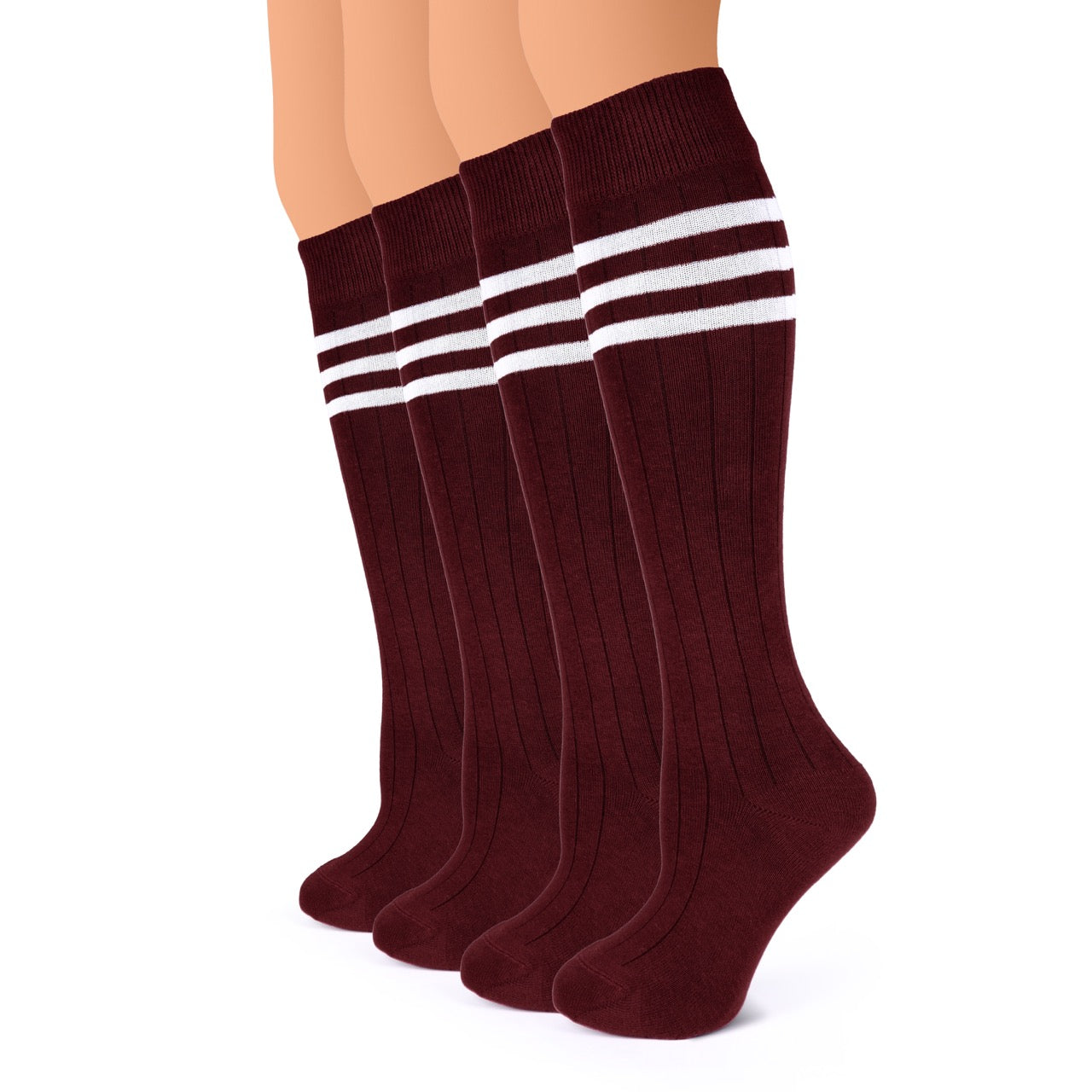 Set of maroon knee-high socks with white stripes on a white background