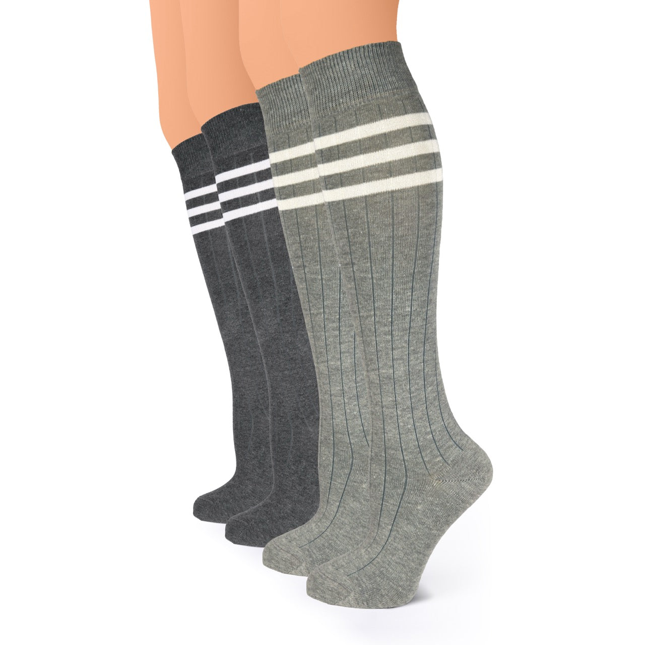 Two pairs of gray knee-high socks with white stripes on a white background