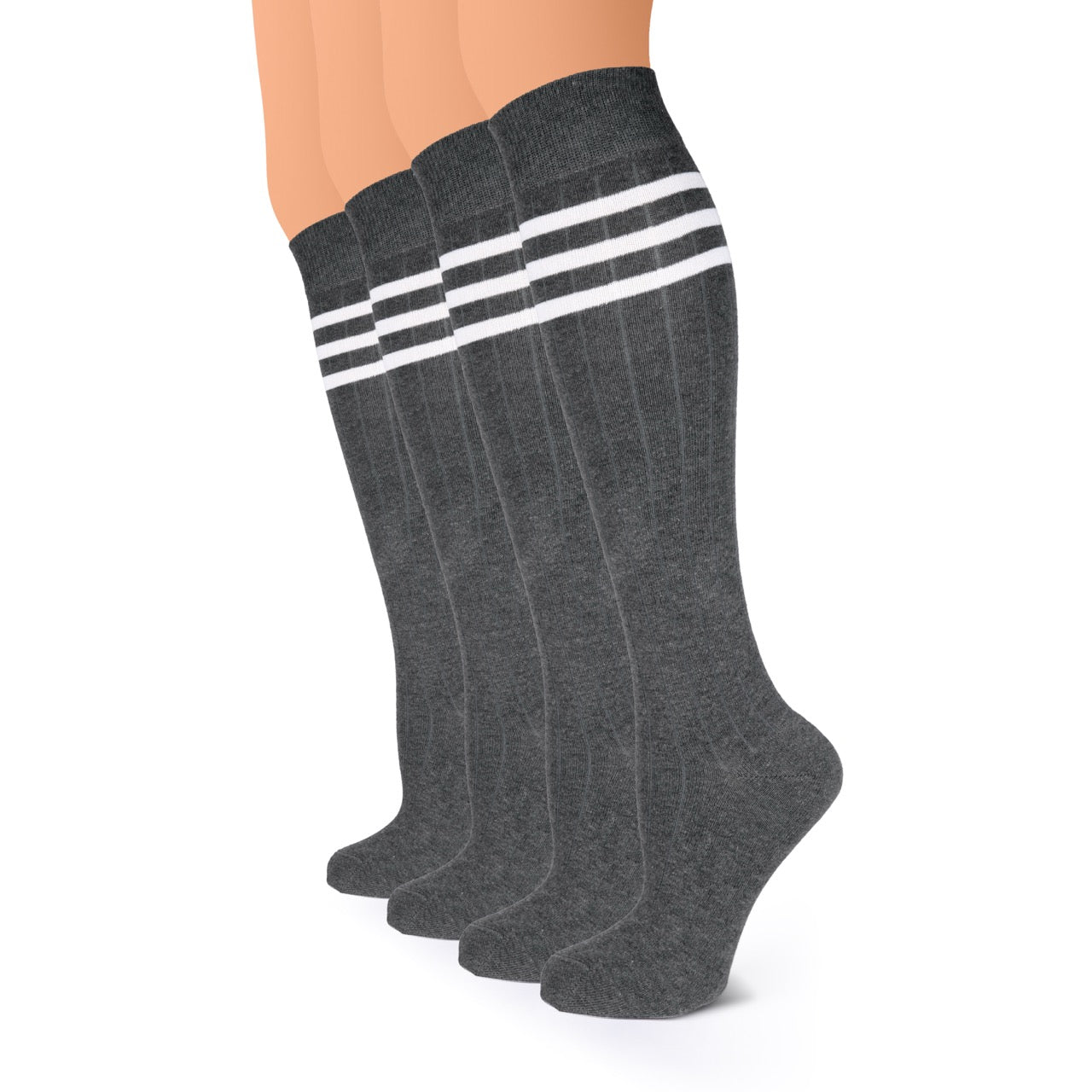 Gray knee-high socks with white stripes on a white background