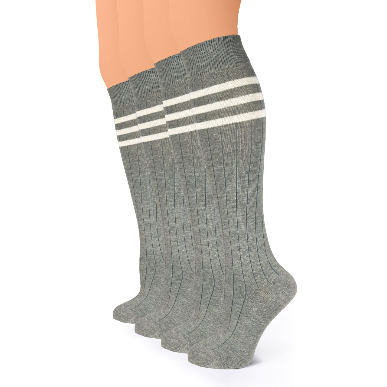 Gray knee-high socks with white stripes on a white background