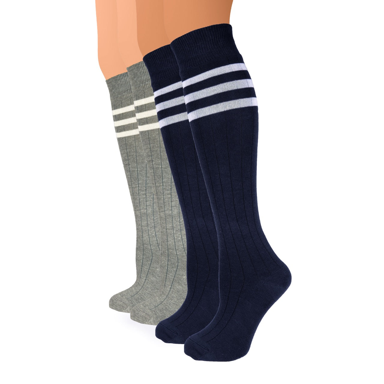 Two pairs of knee-high socks, one gray and one navy with white stripes, on a white background.