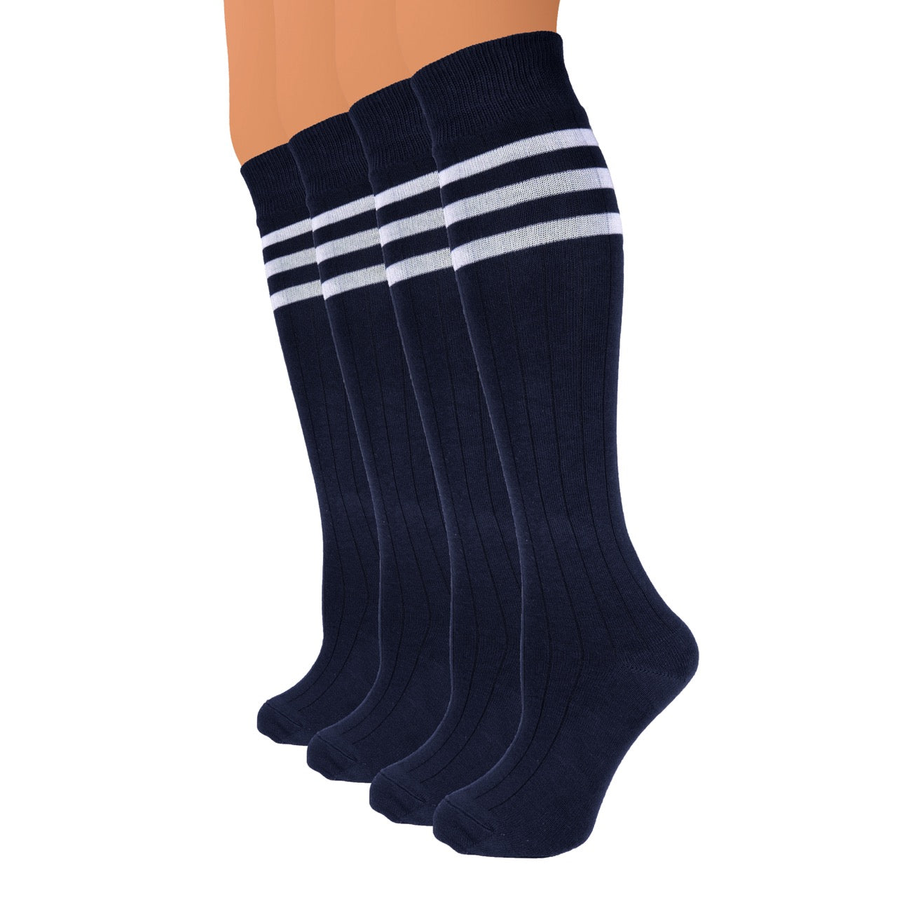 Set of navy knee-high socks with white stripes on a white background