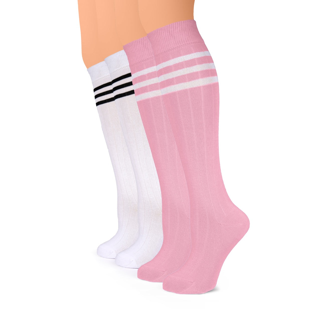 Two pairs of knee-high socks, one pink with white stripes and one white with black stripes, on a white background.