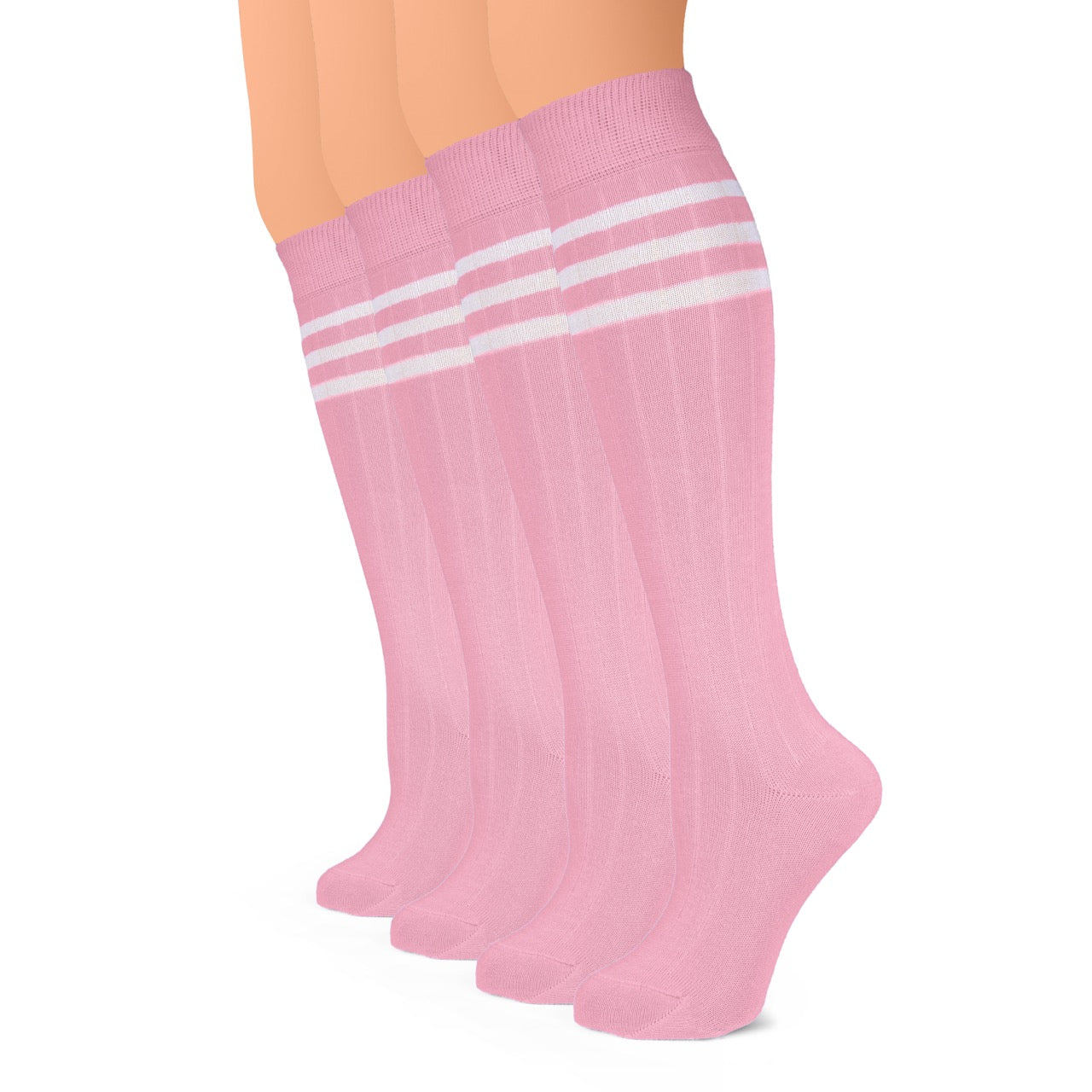 Pink knee-high socks with white stripes on a mannequin leg against a white background