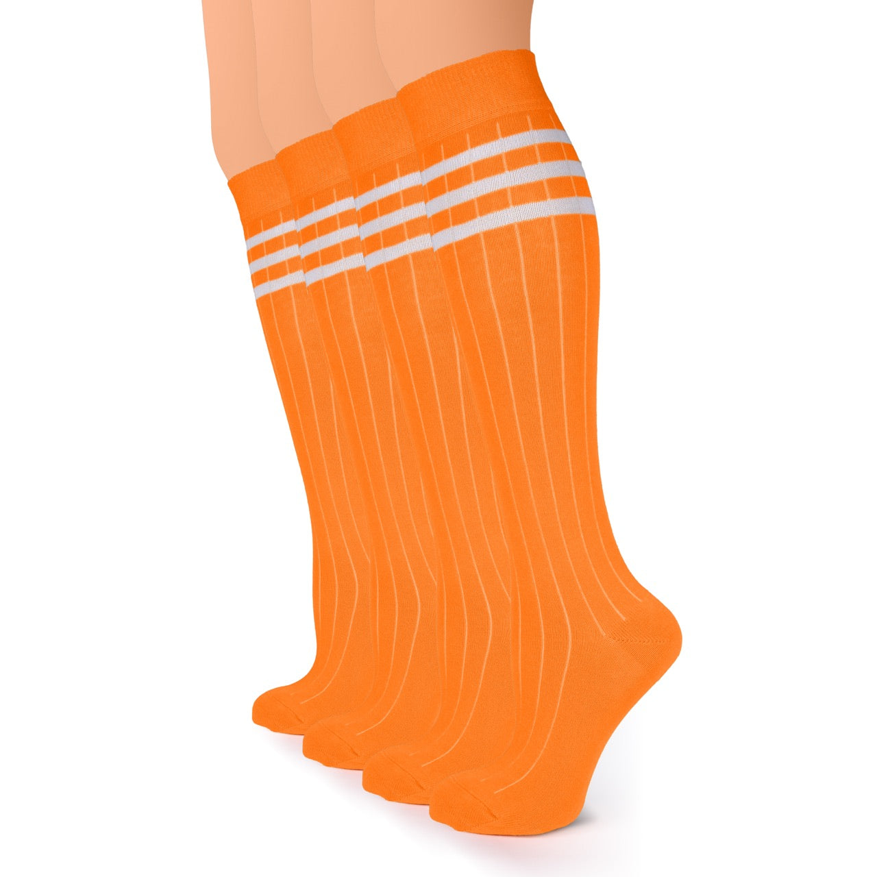 Orange socks with white stripes on a white background