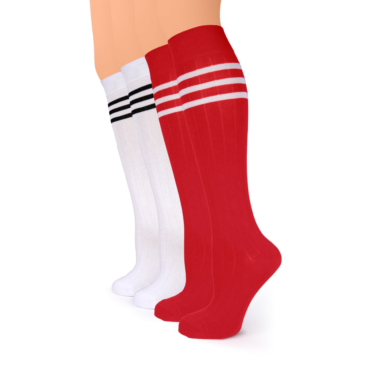 Red and white knee-high socks with black stripes on a white background
