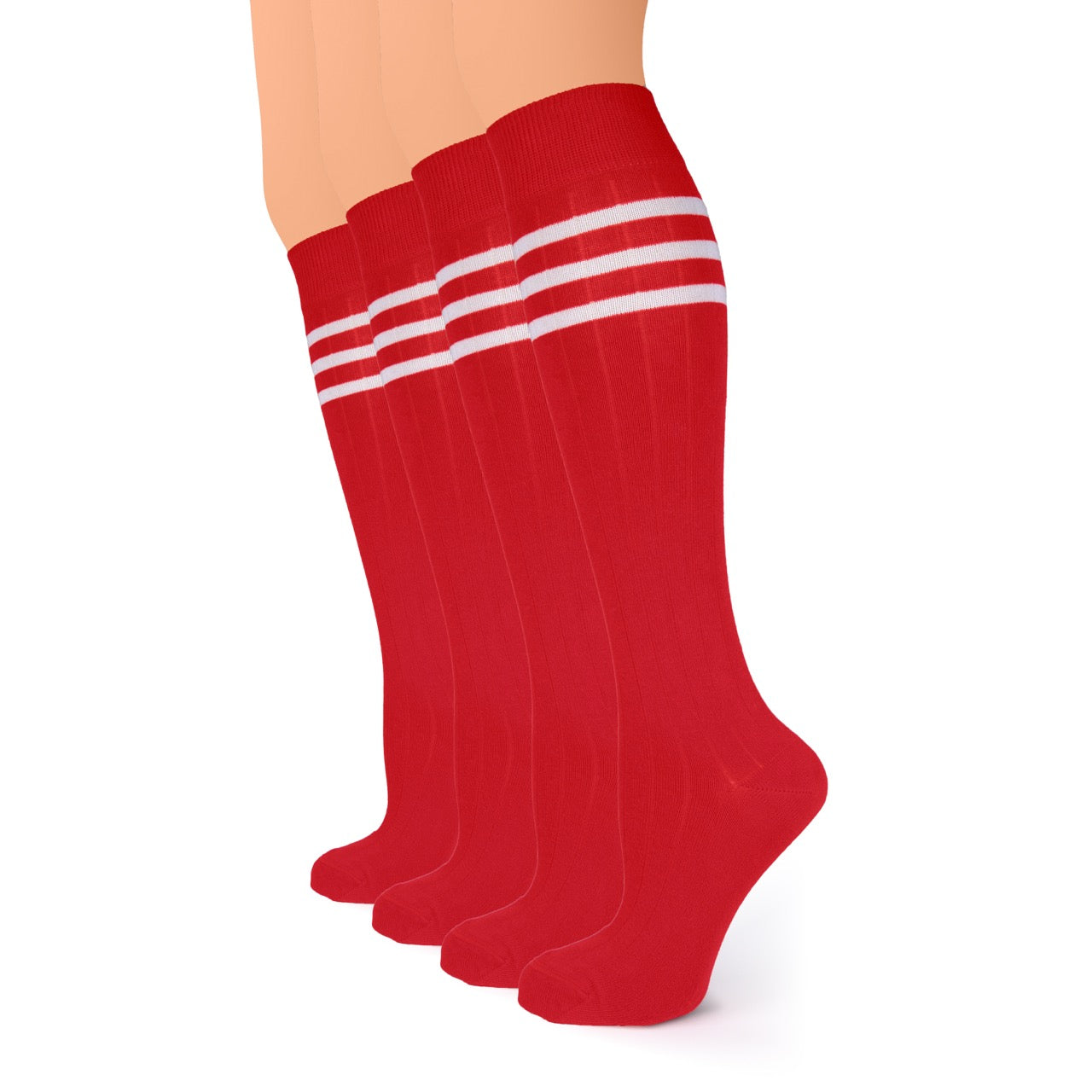 Red knee-high socks with white stripes on a white background