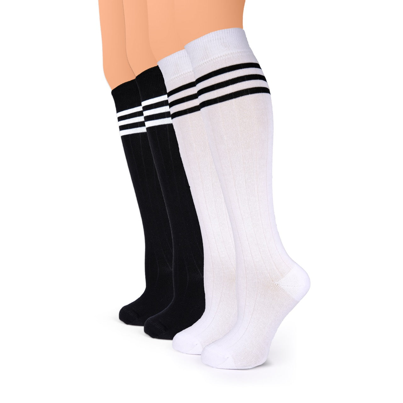 Two pairs of knee-high socks, one black and one white, with three white stripes on a white background.