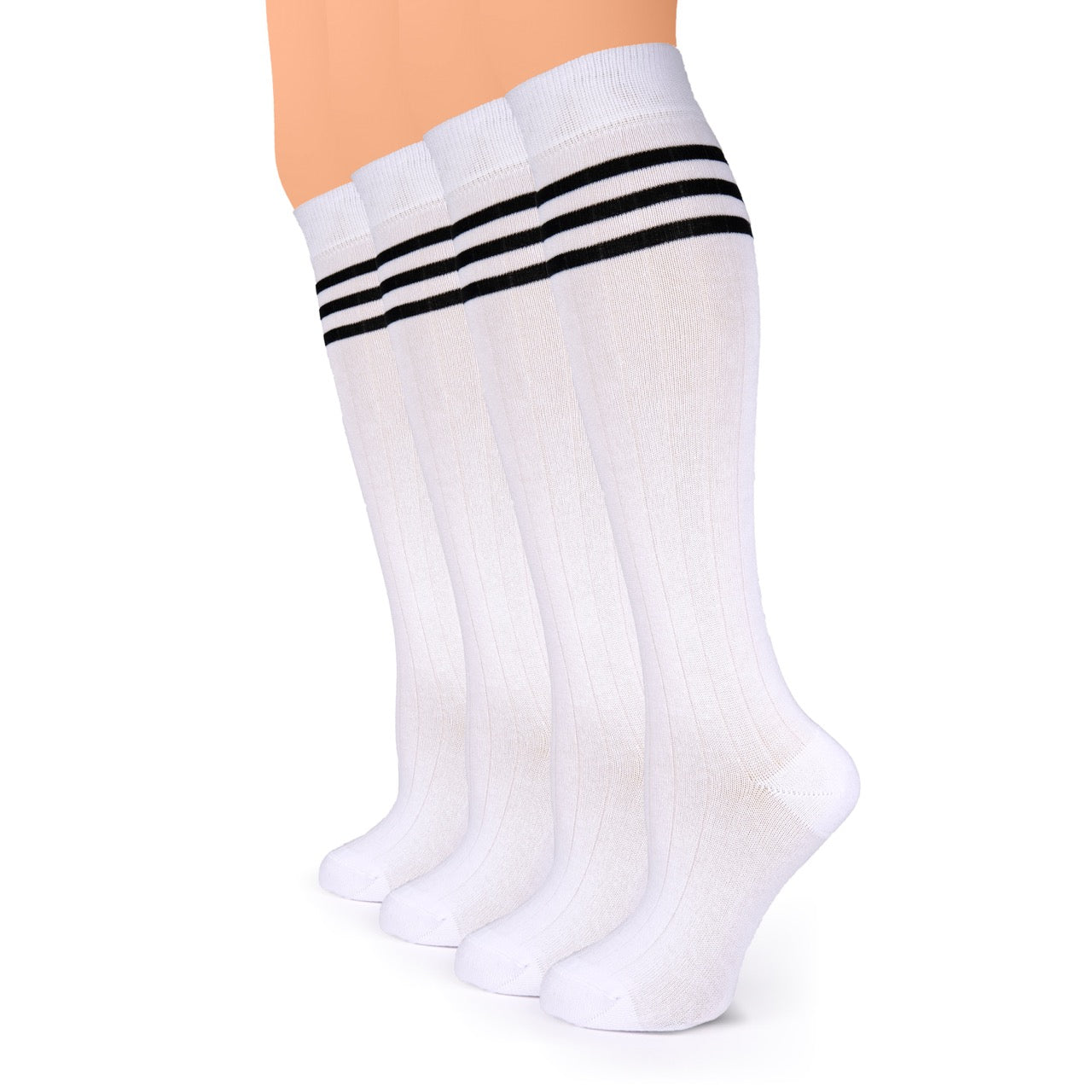 White knee-high socks with black stripes on a white background
