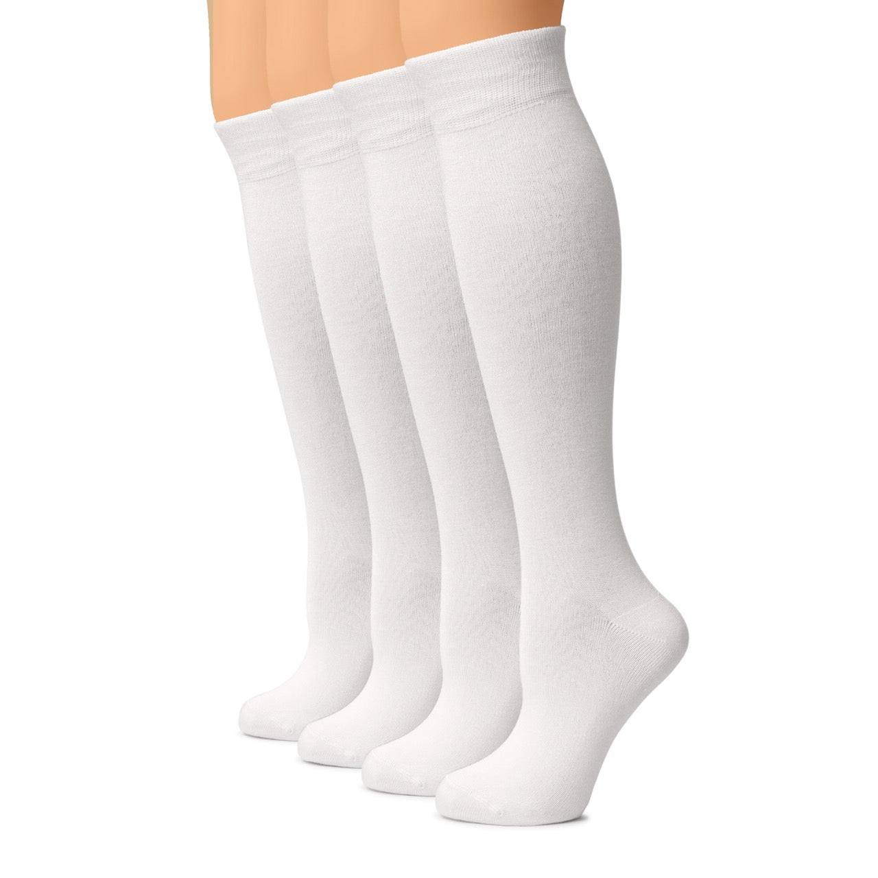 White knee-high socks on a mannequin against a white background