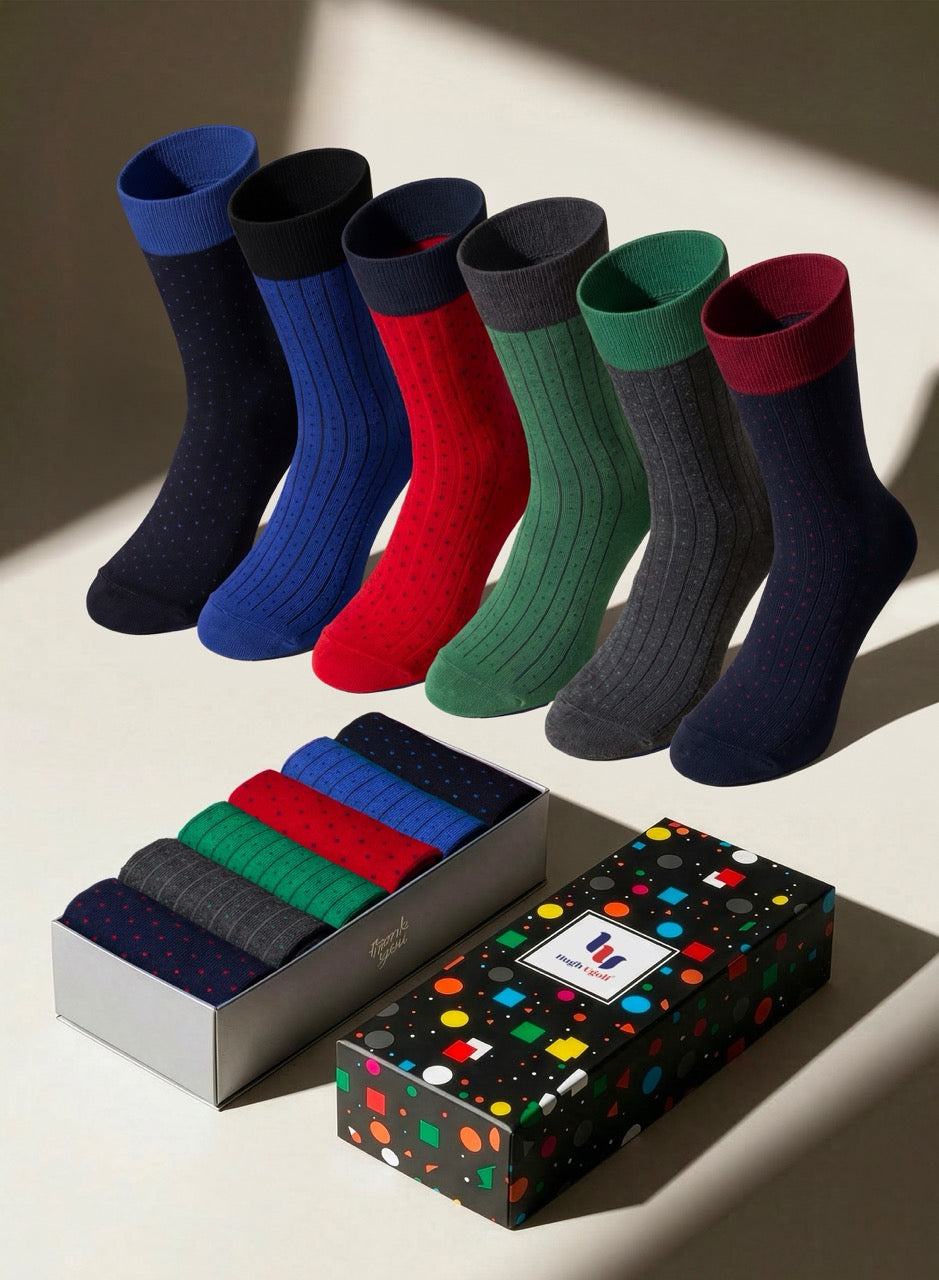 Fancy Cotton Dress Crew Socks For Mens With Gift Box, 6 Pairs