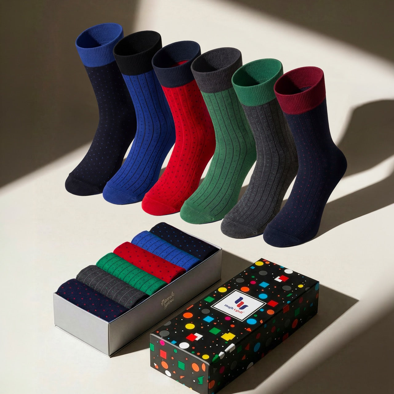 Fancy Cotton Dress Crew Socks For Mens With Gift Box, 6 Pairs