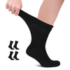 The image features a person's lower leg pulling up a black crew sock, with additional pairs of the same style socks shown as miniatures to the left, against a white background.