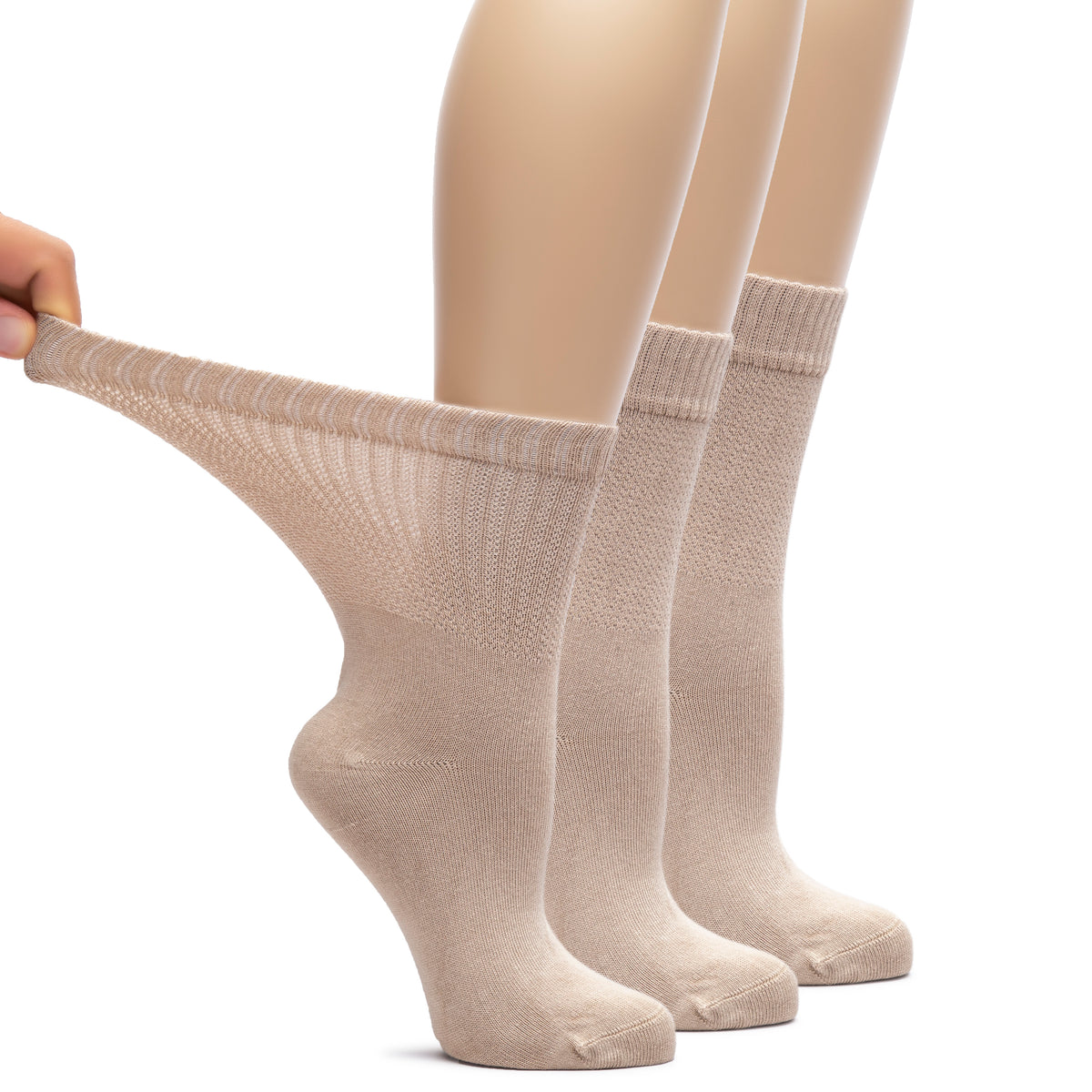 A trio of women's socks made from bamboo material, designed for diabetic individuals. Each pair features one visible leg.