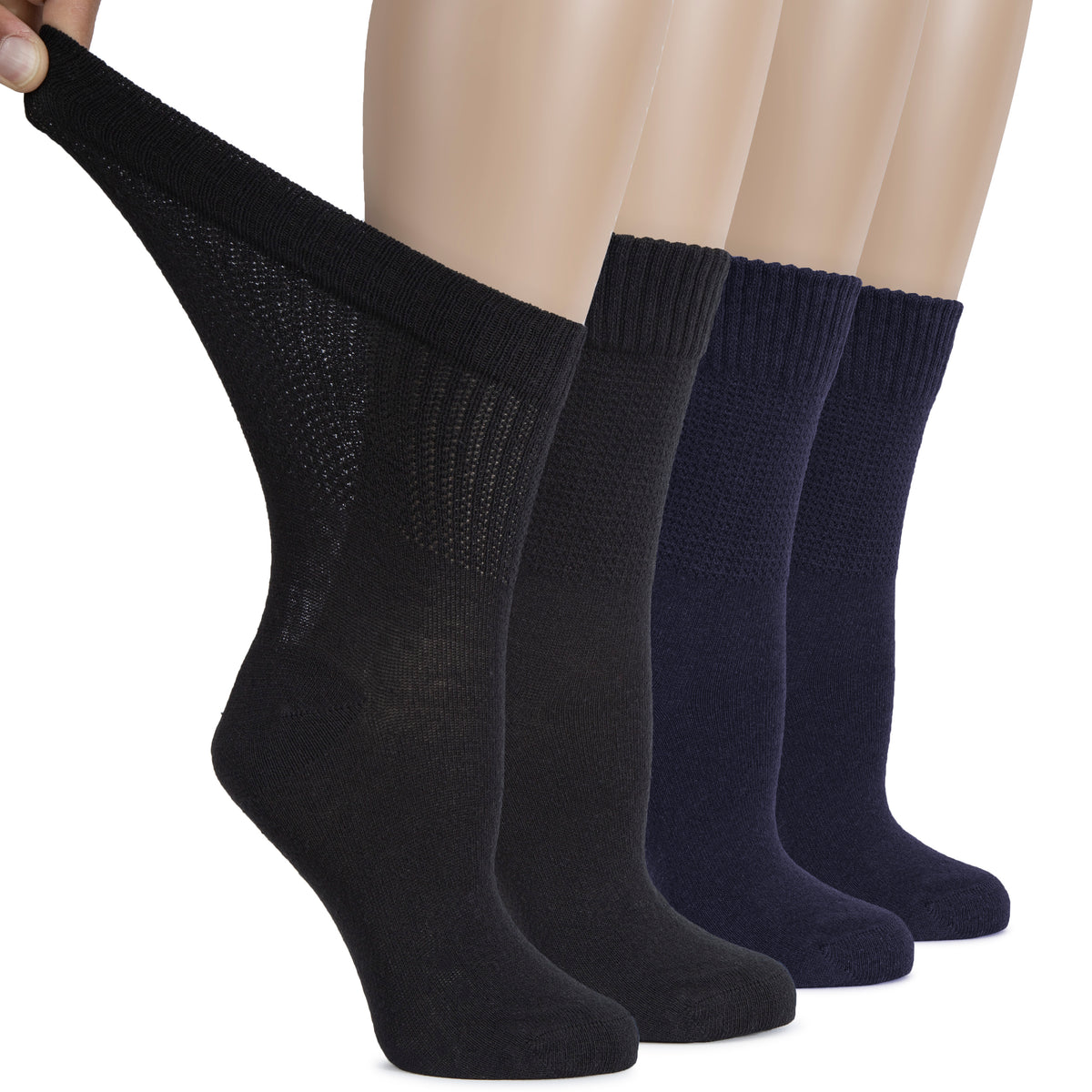 Hugh Ugoli Women's Cotton Diabetic Crew Socks, Wide, Thin, Loose Fit and Stretchy, Seamless Toe & Non-Binding Top, 4 Pairs, Light Grey, Shoe Size: 6-9