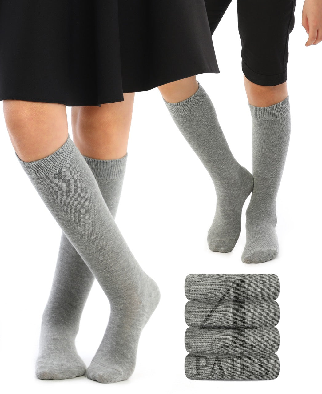 Kids' Plain Cotton Dress Knee-High Socks, 4 Pairs