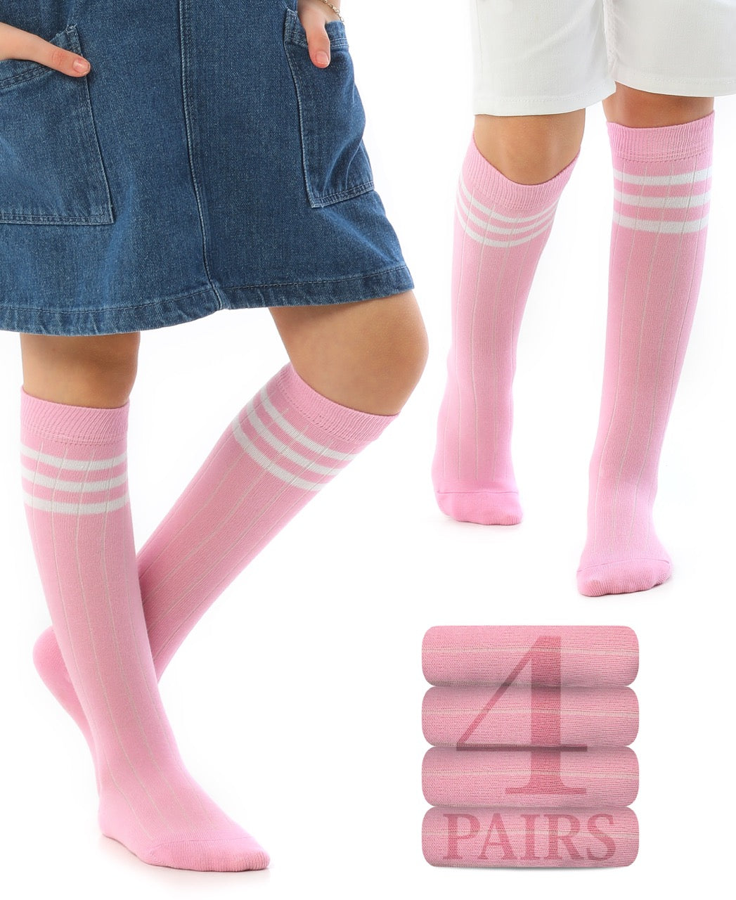 Striped Cotton Kids' Knee-High Dress Socks, 4 Pairs