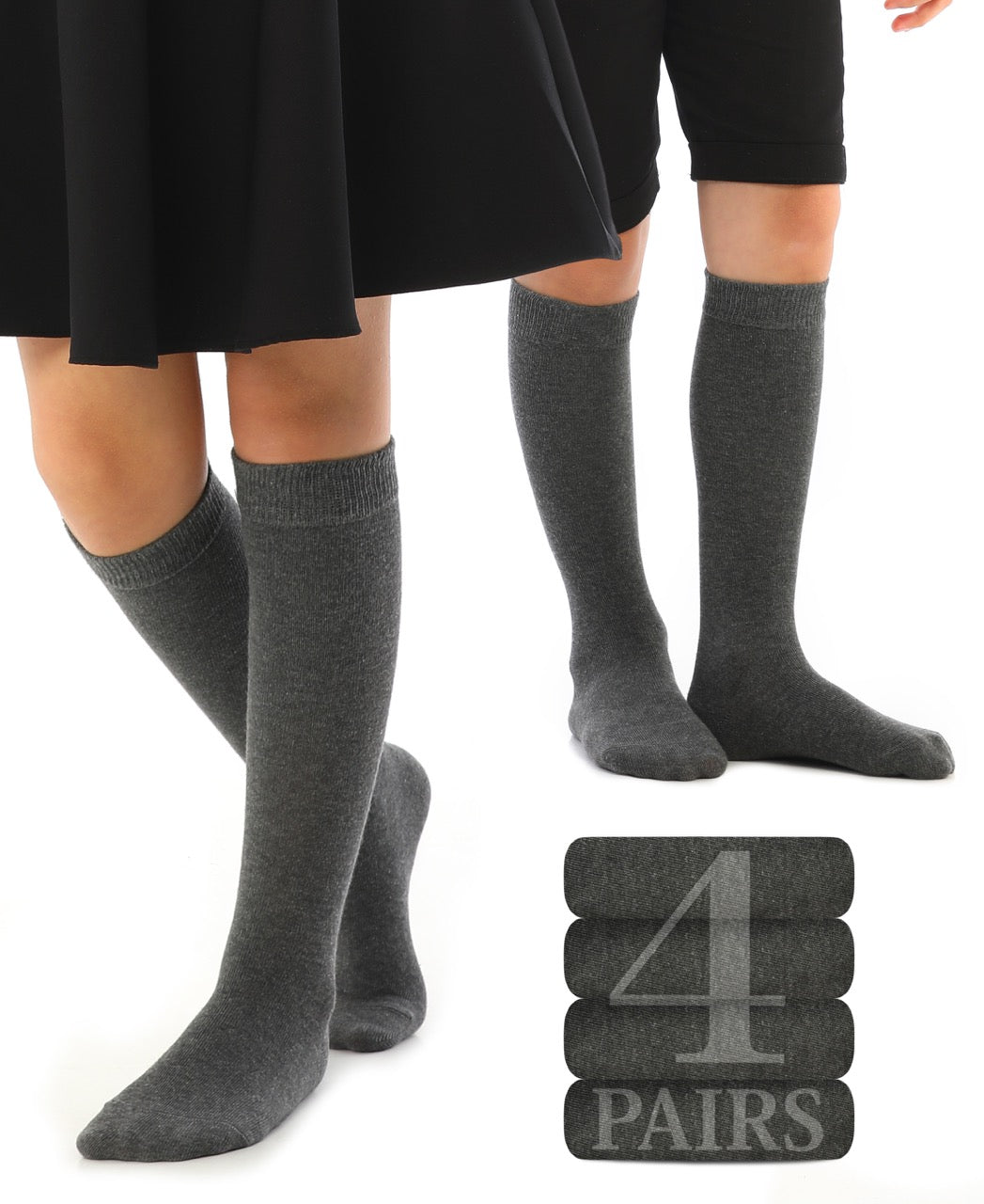 Kids' Plain Cotton Dress Knee-High Socks, 4 Pairs