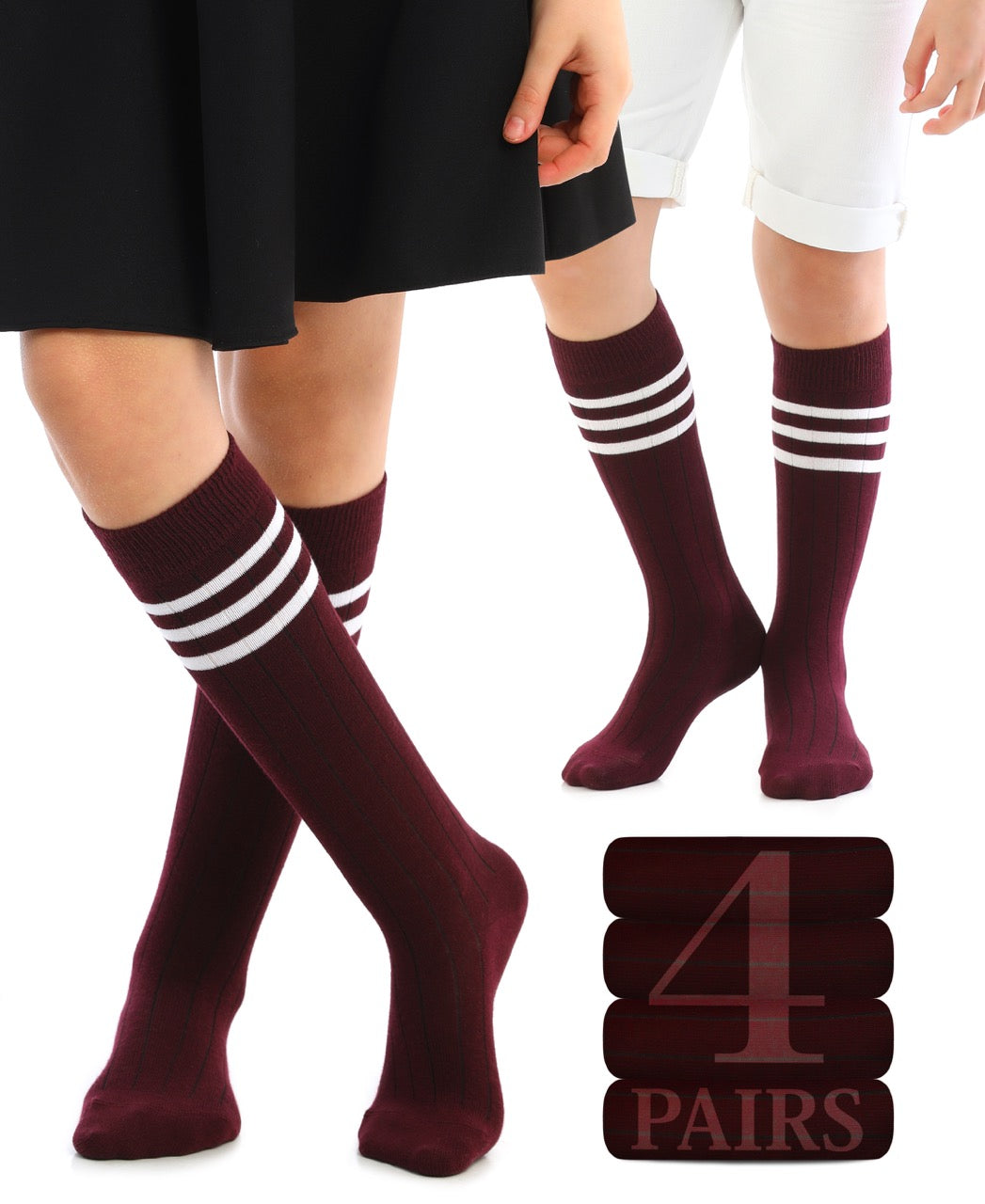 Striped Cotton Kids' Knee-High Dress Socks, 4 Pairs