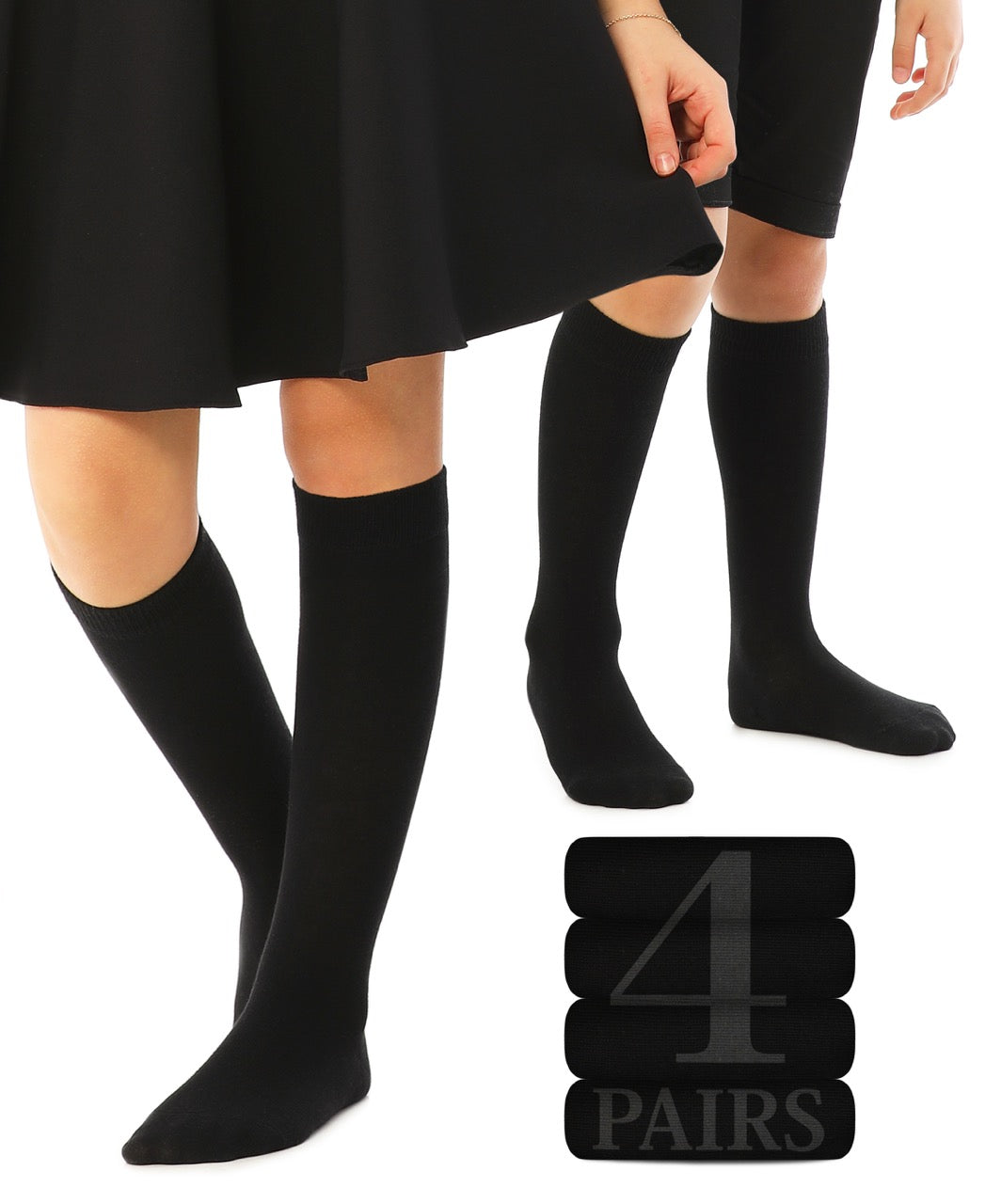 Kids' Plain Cotton Dress Knee-High Socks, 4 Pairs