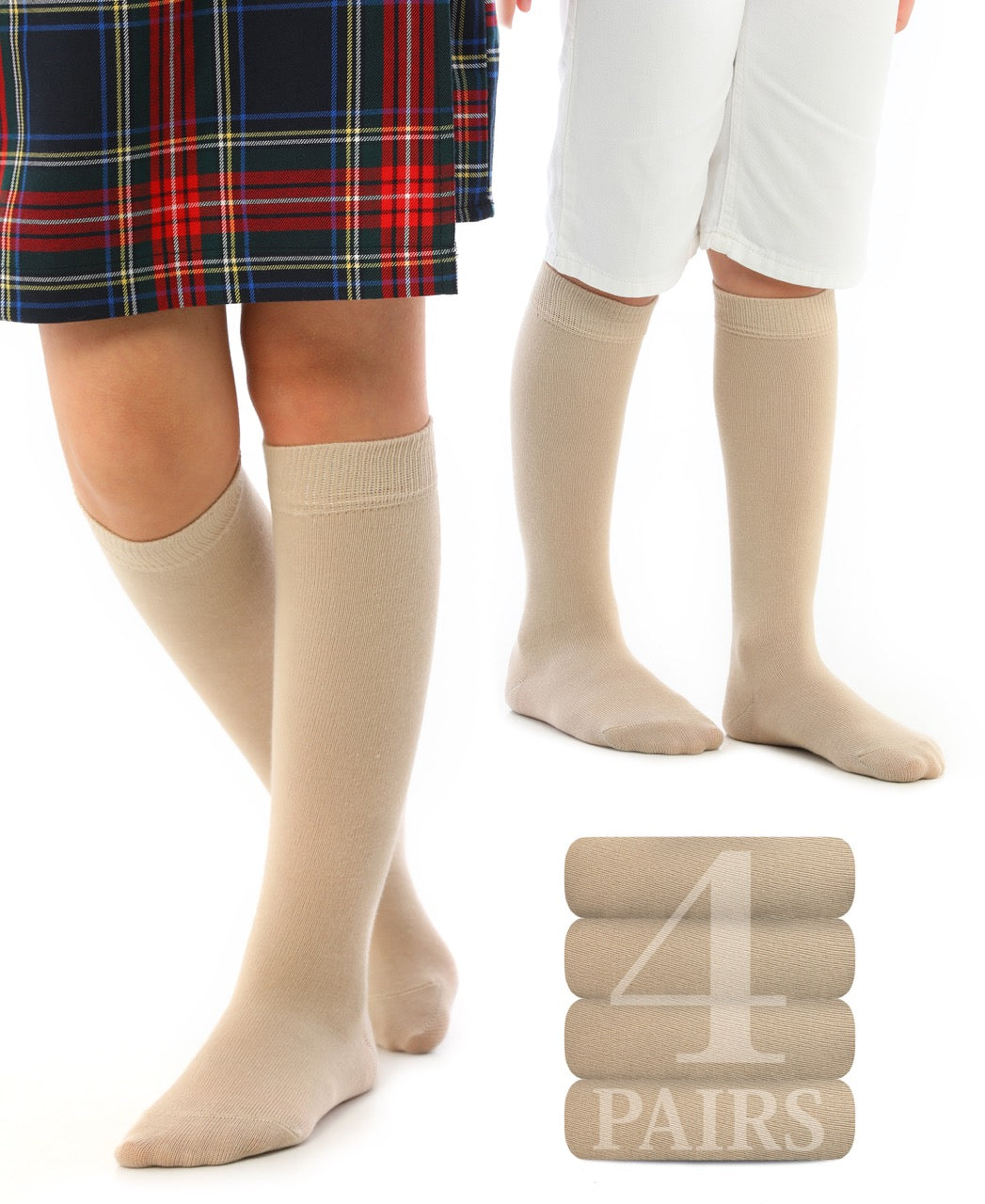 Kids' Plain Cotton Dress Knee-High Socks, 4 Pairs