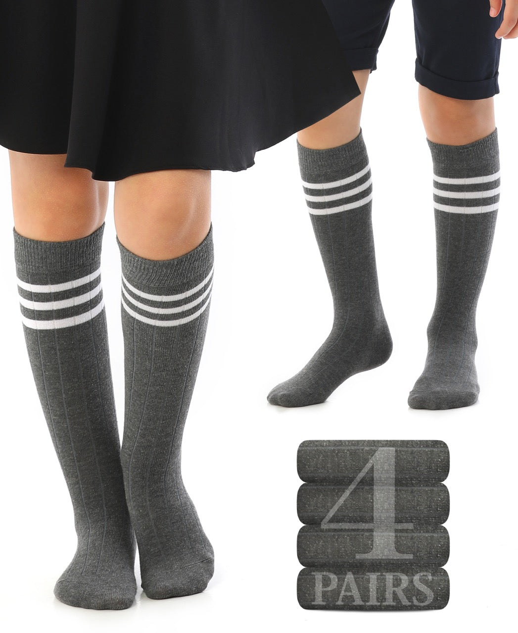Striped Cotton Kids' Knee-High Dress Socks, 4 Pairs