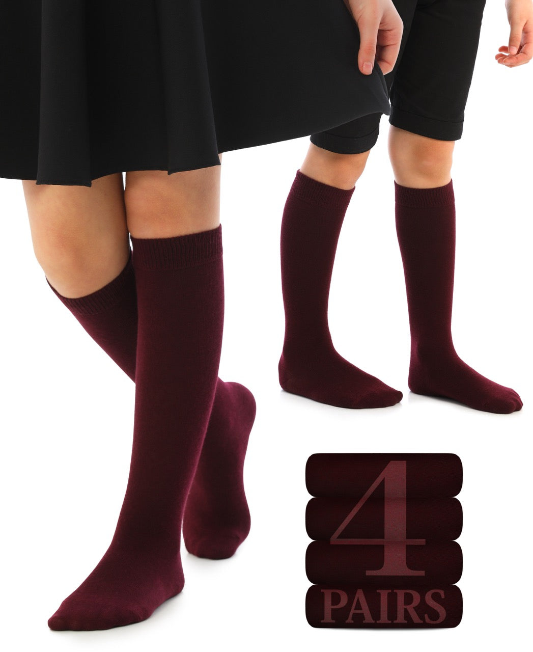 Kids' Plain Cotton Dress Knee-High Socks, 4 Pairs