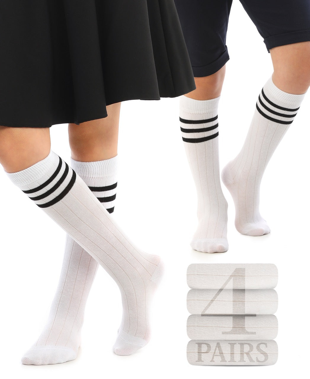 Striped Cotton Kids' Knee-High Dress Socks, 4 Pairs