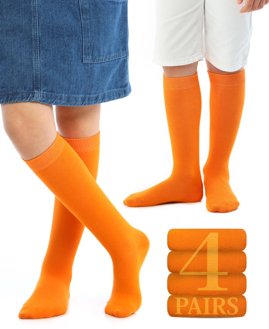 Kids' Plain Cotton Dress Knee-High Socks, 4 Pairs