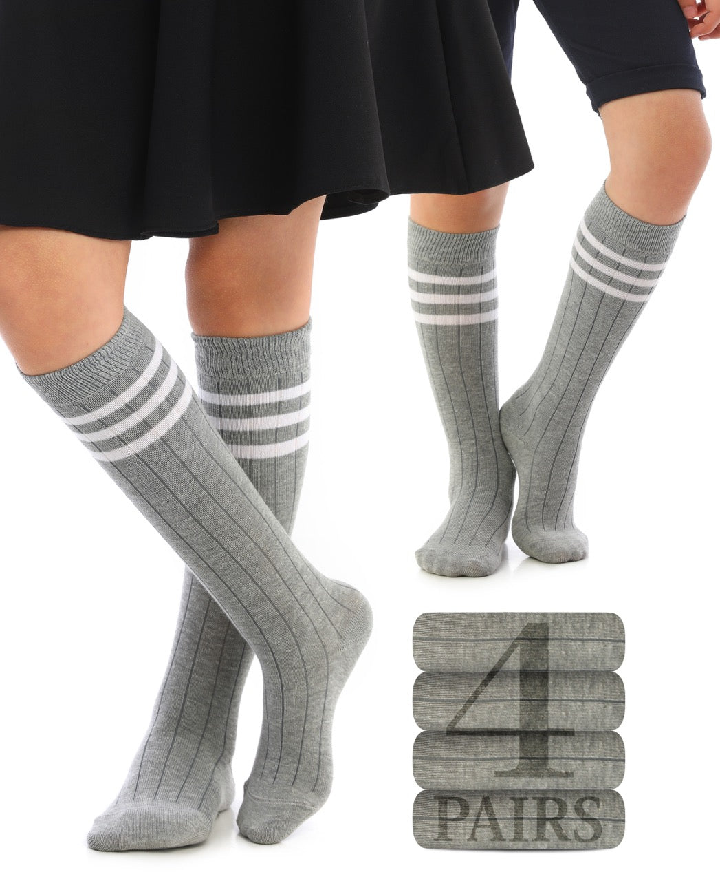 Striped Cotton Kids' Knee-High Dress Socks, 4 Pairs