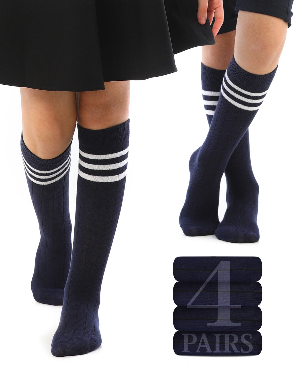 Striped Cotton Kids' Knee-High Dress Socks, 4 Pairs