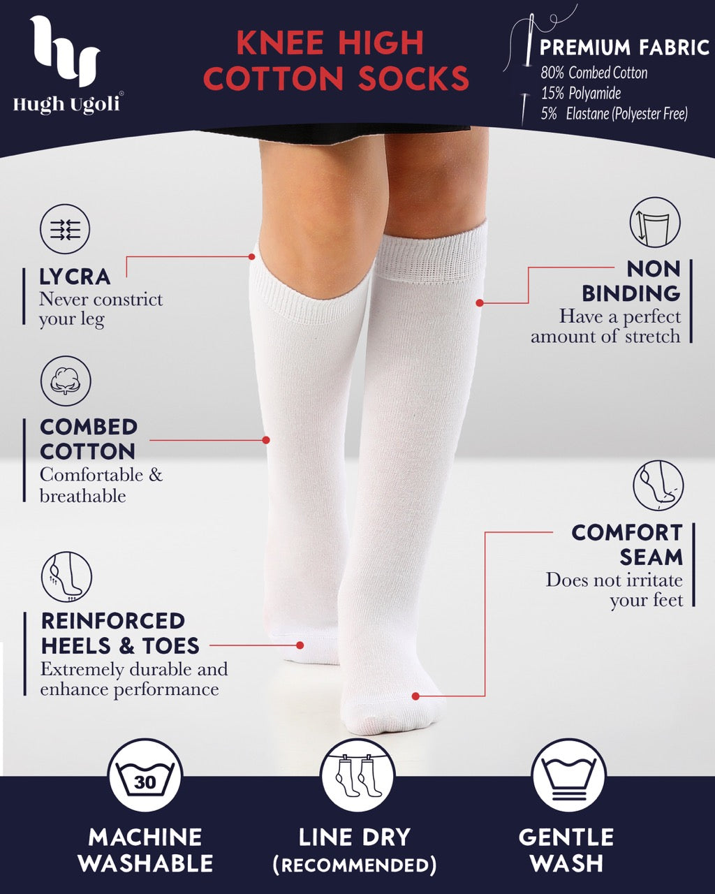 Kids' Plain Cotton Dress Knee-High Socks, 4 Pairs
