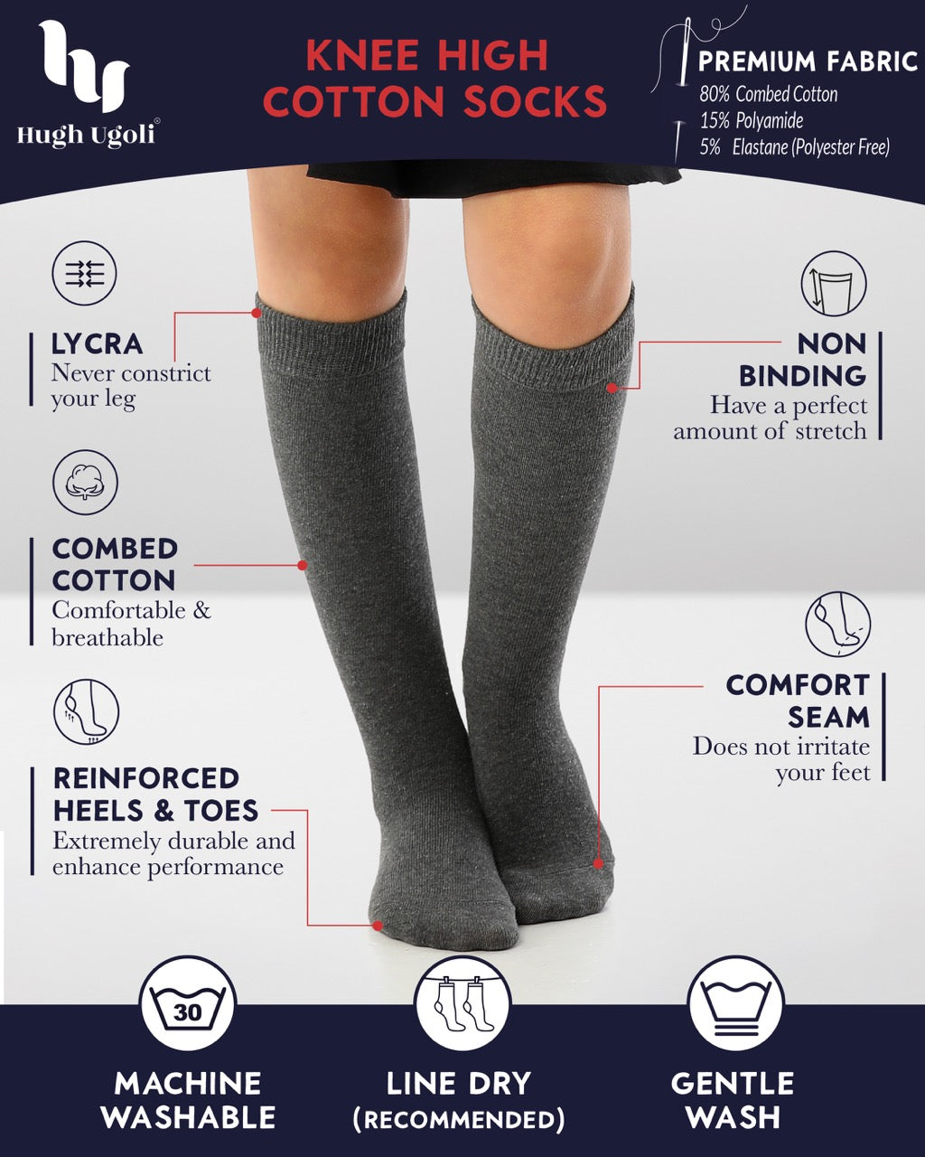 Kids' Plain Cotton Dress Knee-High Socks, 4 Pairs