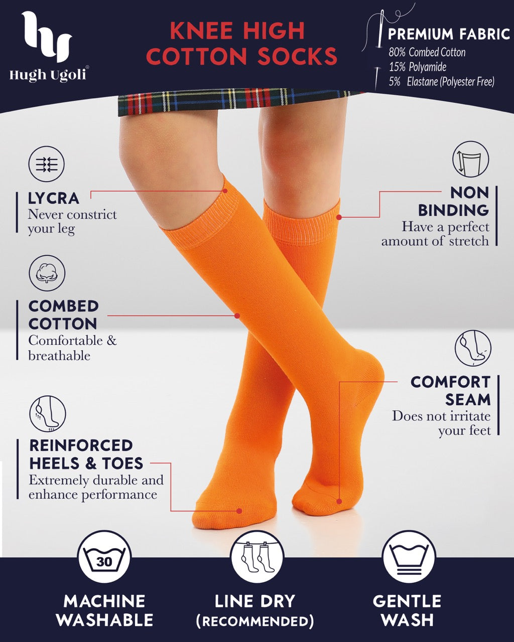Kids' Plain Cotton Dress Knee-High Socks, 4 Pairs