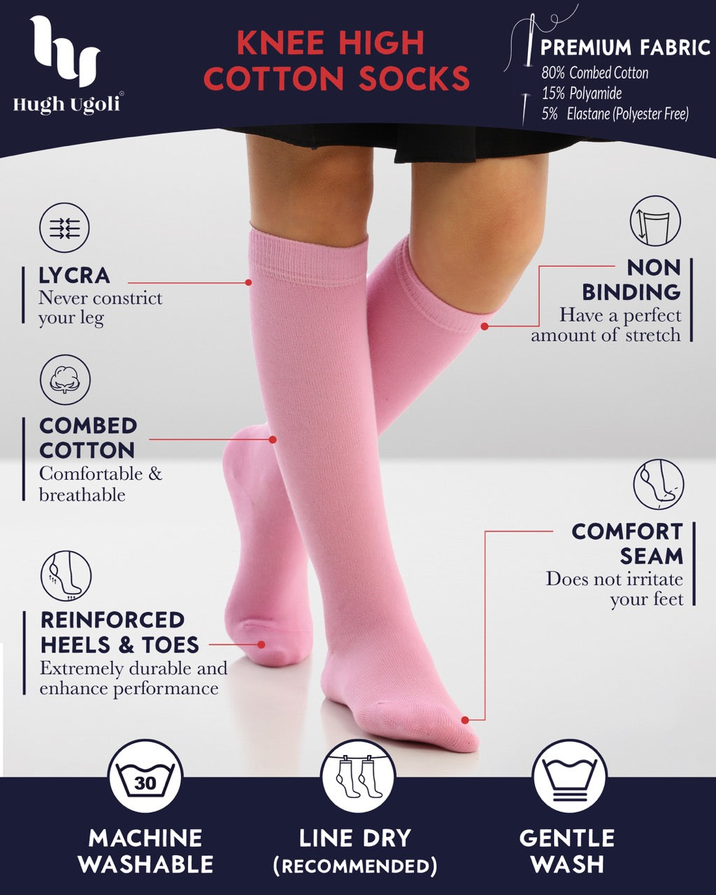 Kids' Plain Cotton Dress Knee-High Socks, 4 Pairs