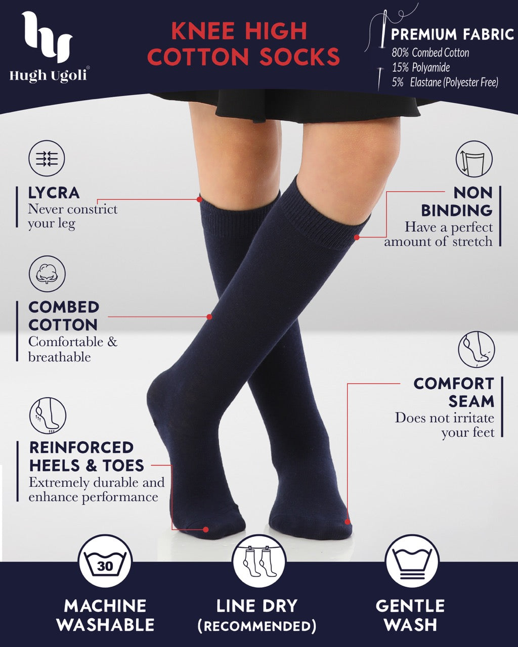 Kids' Plain Cotton Dress Knee-High Socks, 4 Pairs