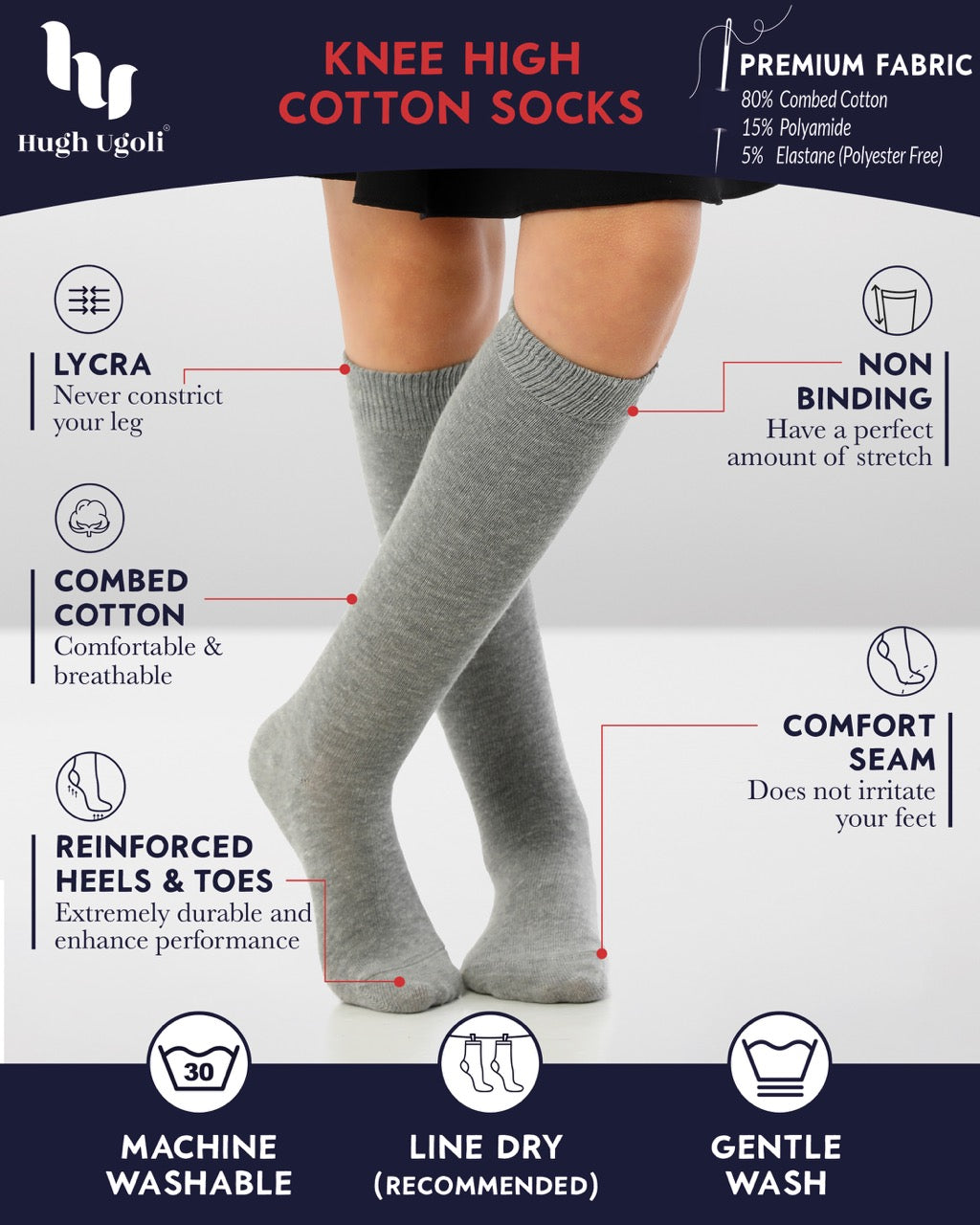 Kids' Plain Cotton Dress Knee-High Socks, 4 Pairs