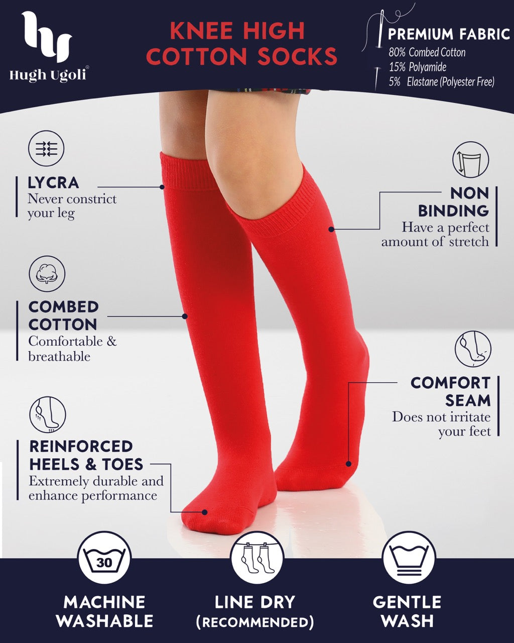 Kids' Plain Cotton Dress Knee-High Socks, 4 Pairs