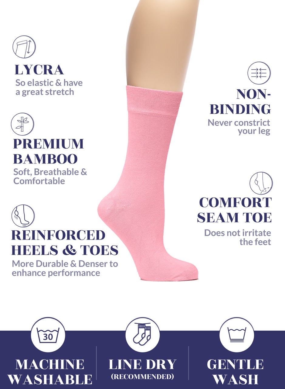 Pink socks with text highlighting features on a white background