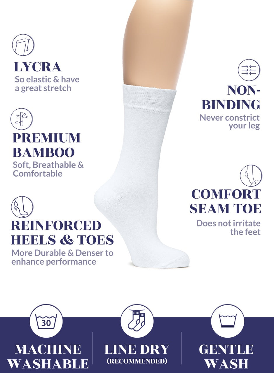 White sock with features listed on a white background