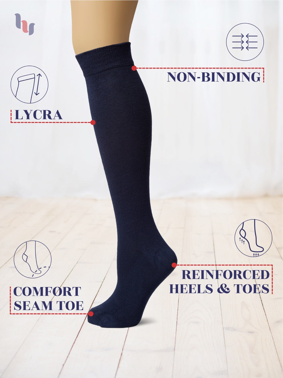 Navy knee-high sock with features highlighted on a light background