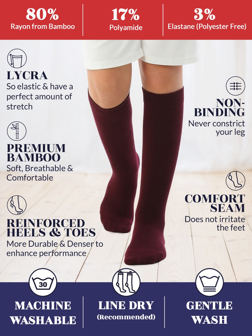 Experience the ultimate comfort and style with Hugh Ugoli Kids Bamboo School Socks. These burgundy socks perfect for school or everyday wear, our high-quality knee-high socks meet uniform standards while reducing blisters and staying in place. Available in four sizes for children aged 3-14 years