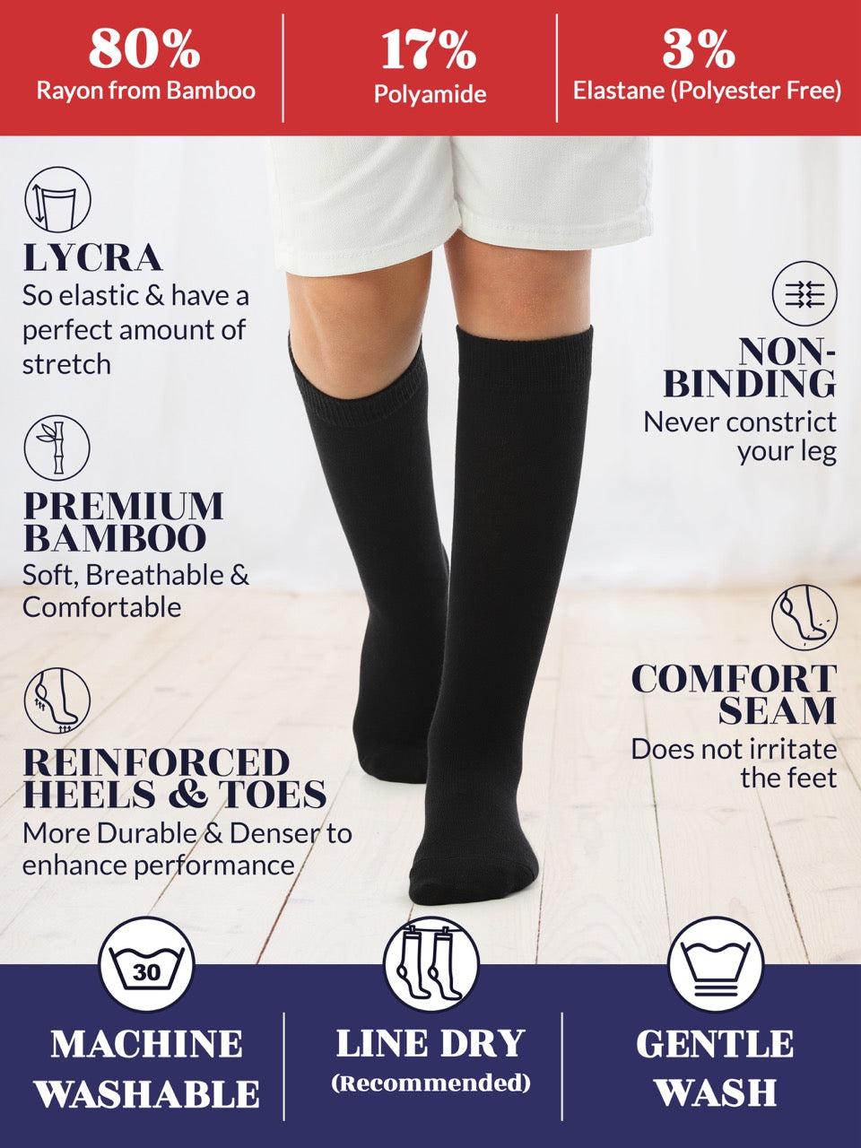 Experience the ultimate comfort and style with Hugh Ugoli Kids Bamboo School Socks. These black socks perfect for school or everyday wear, our high-quality knee-high socks meet uniform standards while reducing blisters and staying in place. Available in four sizes for children aged 3-14 years