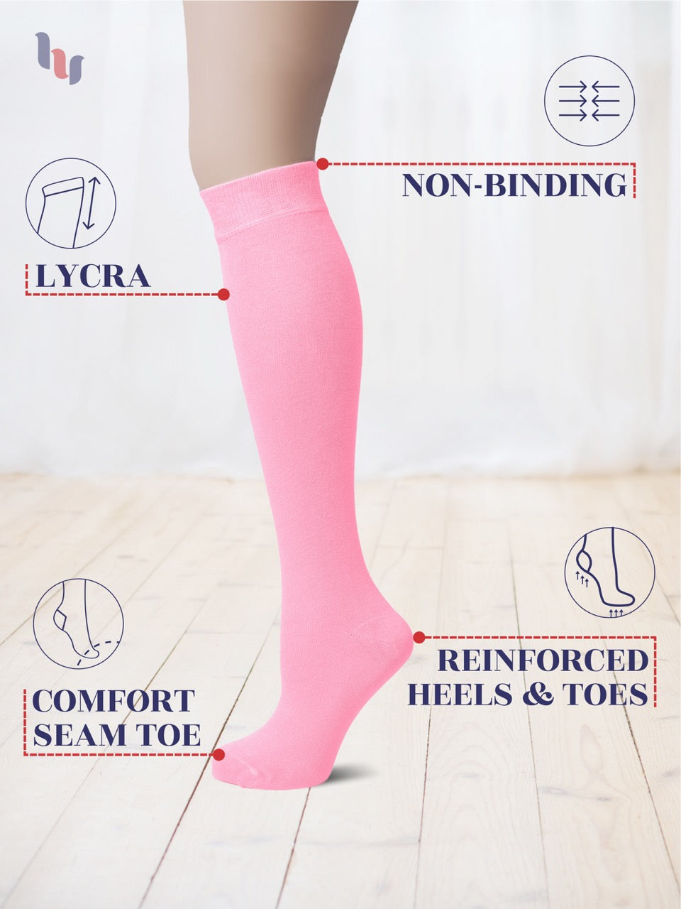 Pink knee-high sock with features highlighted on a white background