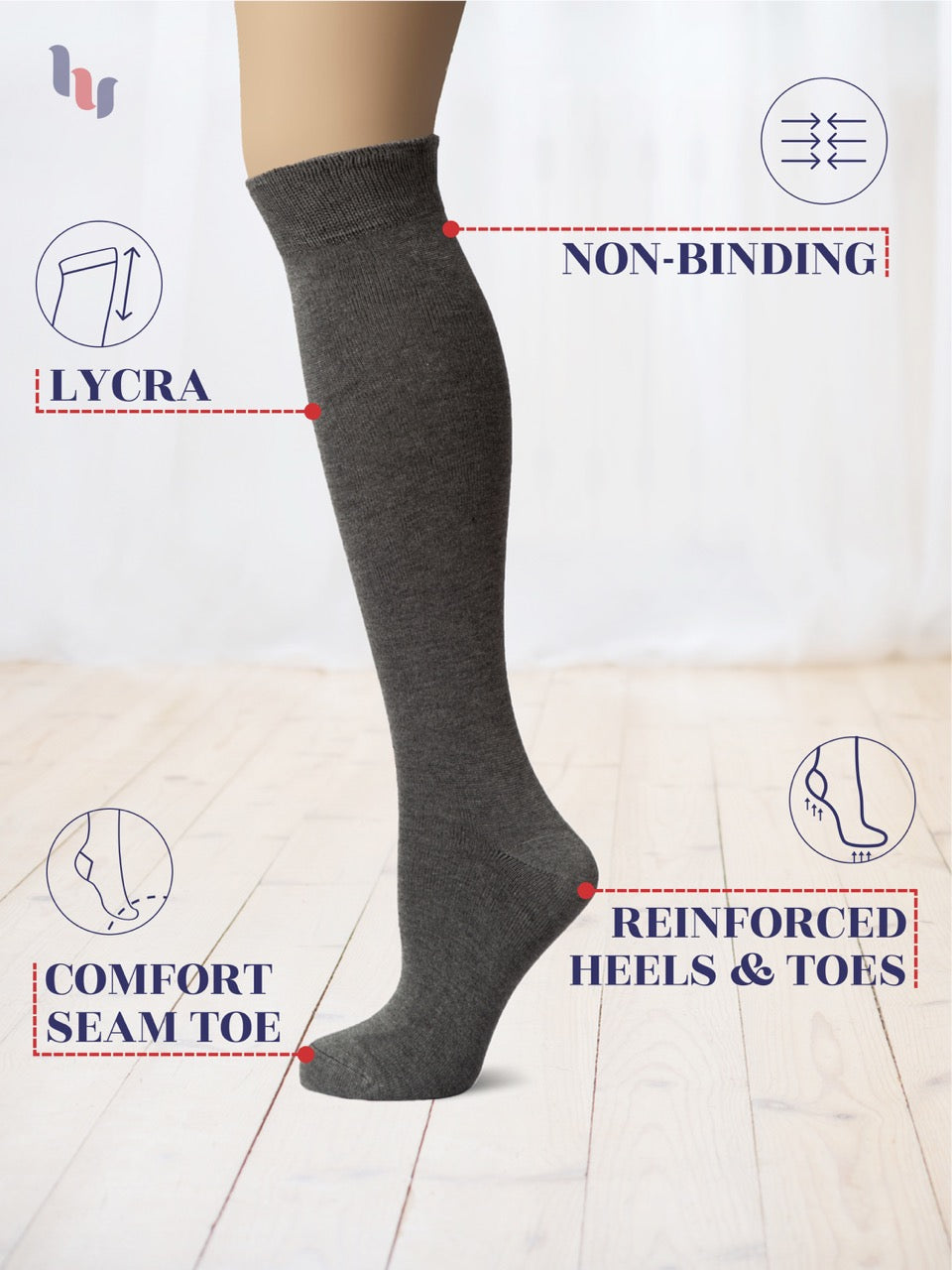 Gray knee-high sock with features highlighted on a white background